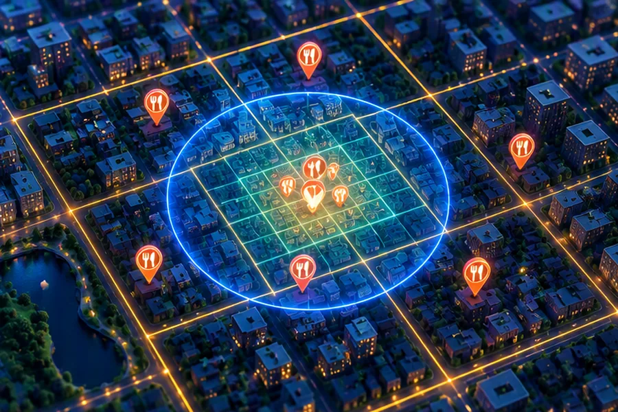 City map with an adaptive grid subdividing around restaurant pins and a highlighted search radius circle