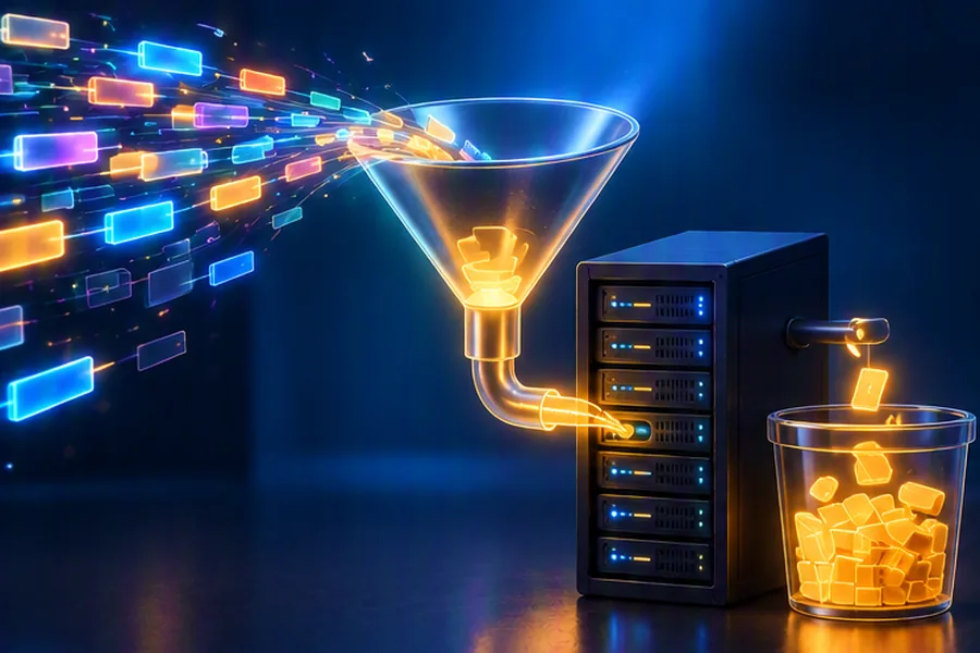 Funnel throttling request packets into a server next to a bucket filling with tokens, illustrating rate limiting