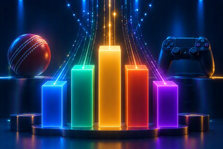 Glowing leaderboard bars rising like a skyline with cricket and gaming elements, representing a real-time leaderboard