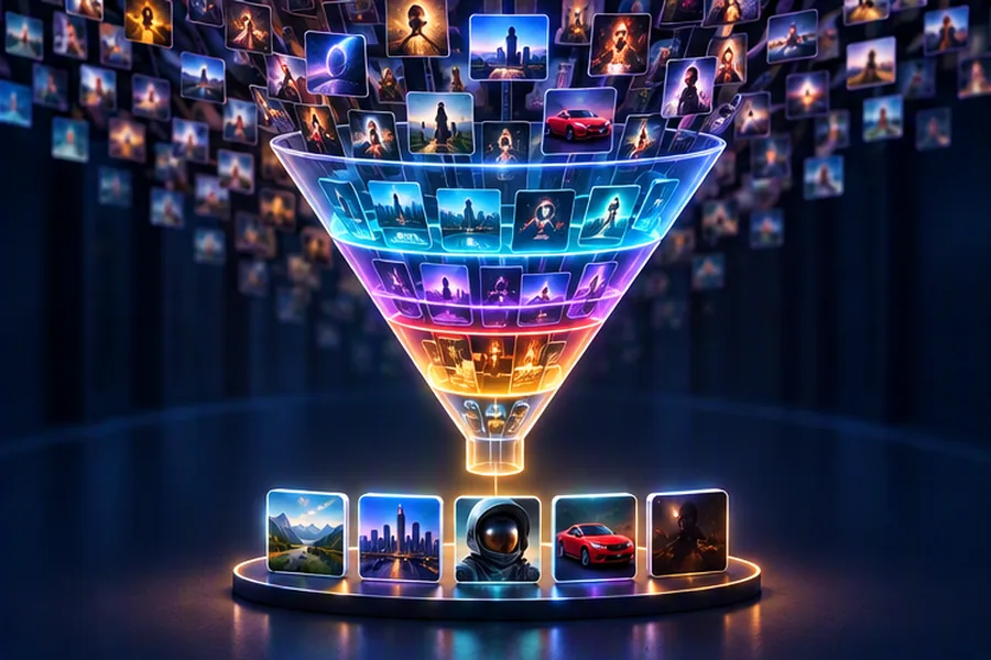 A layered funnel filtering many item thumbnails into a few personalised recommendations