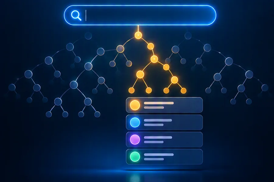 Search bar with a branching letter trie beneath it leading to a dropdown of suggestions