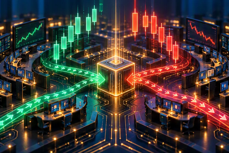 Circuit-board trading floor with candlestick shapes and buy and sell order streams meeting at a central matching engine