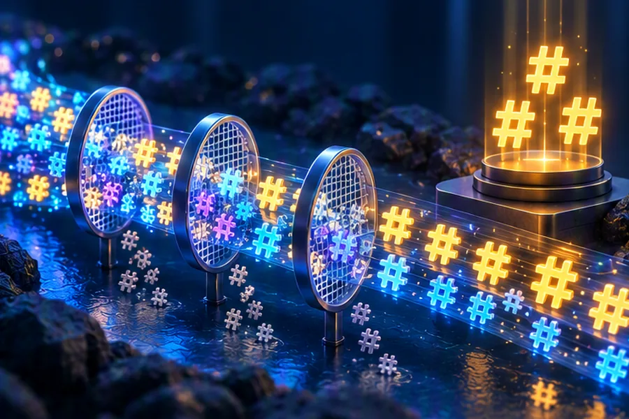 A stream of glowing particles passing through sieves while the brightest few rise above, depicting heavy hitter detection
