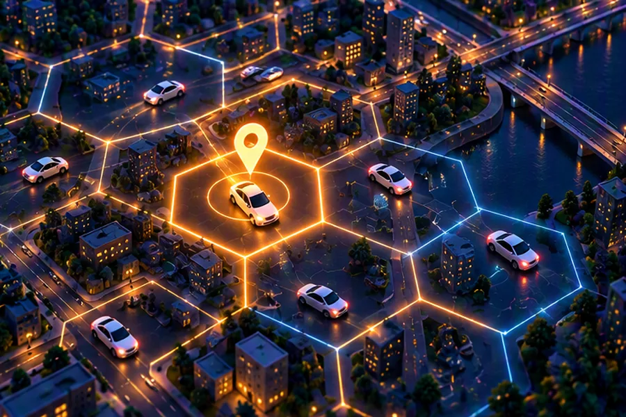 City map with hexagonal geospatial grid cells, moving cars and a highlighted rider pickup point