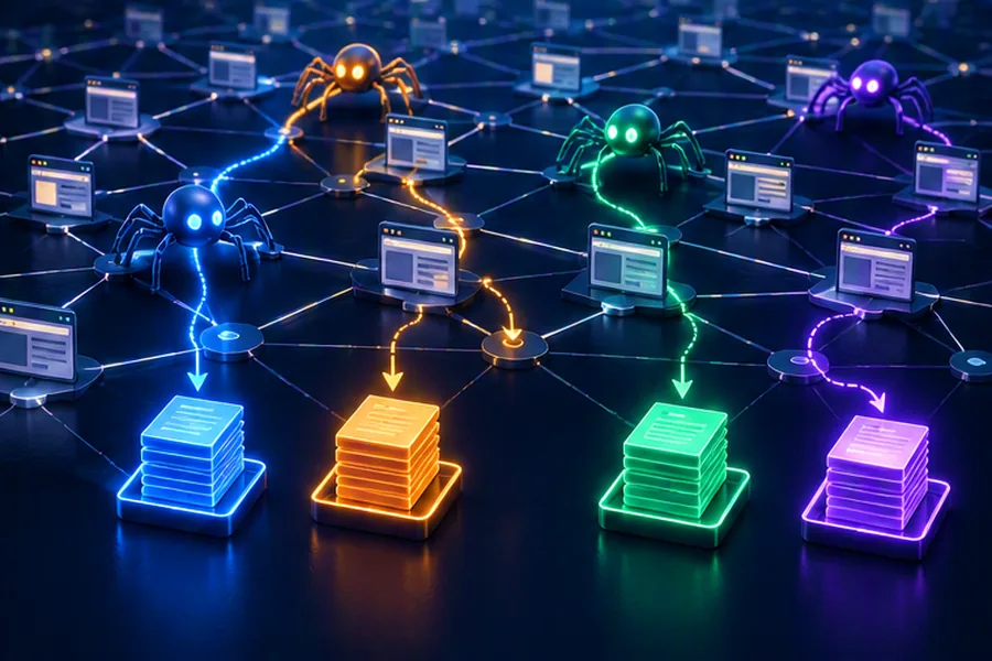 Robotic spiders crawling across a glowing web of interconnected website nodes