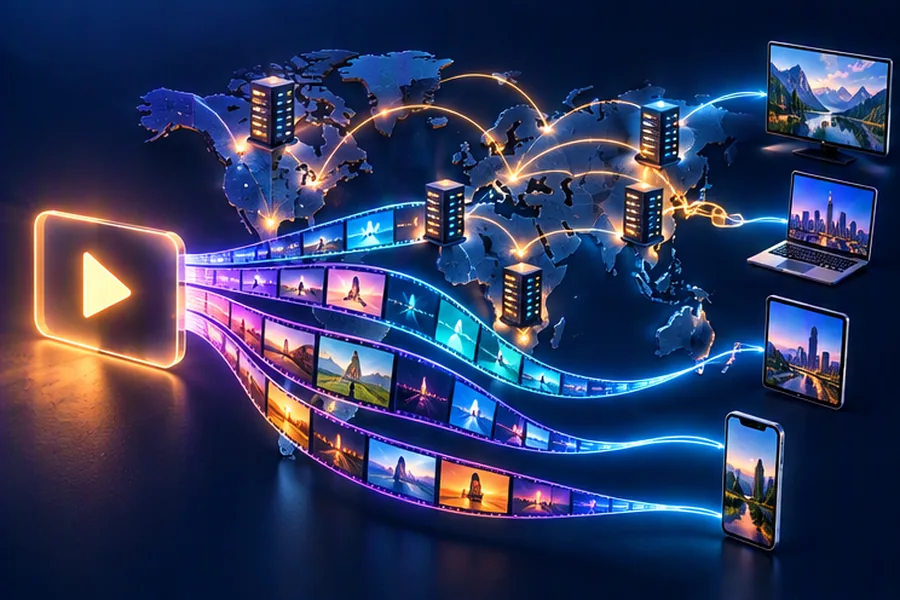 Illustration of a video stream split into multiple quality renditions flowing through CDN edge servers to different devices