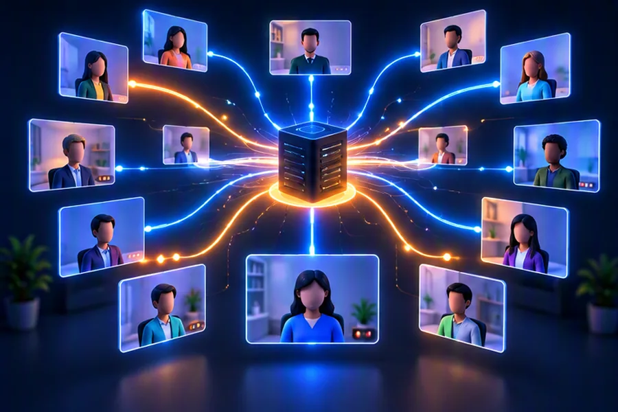Floating video call tiles connected by light streams to a central forwarding server, representing a video conferencing architecture