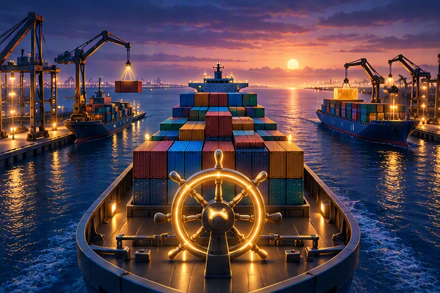Stacked shipping containers on a ship guided by a glowing helm wheel, representing Docker containers orchestrated by Kubernetes