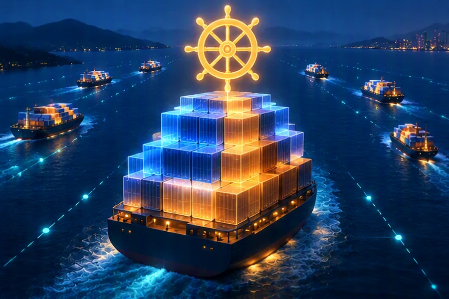 Illustration of layered shipping containers and a ship's wheel steering a fleet, representing Docker and Kubernetes