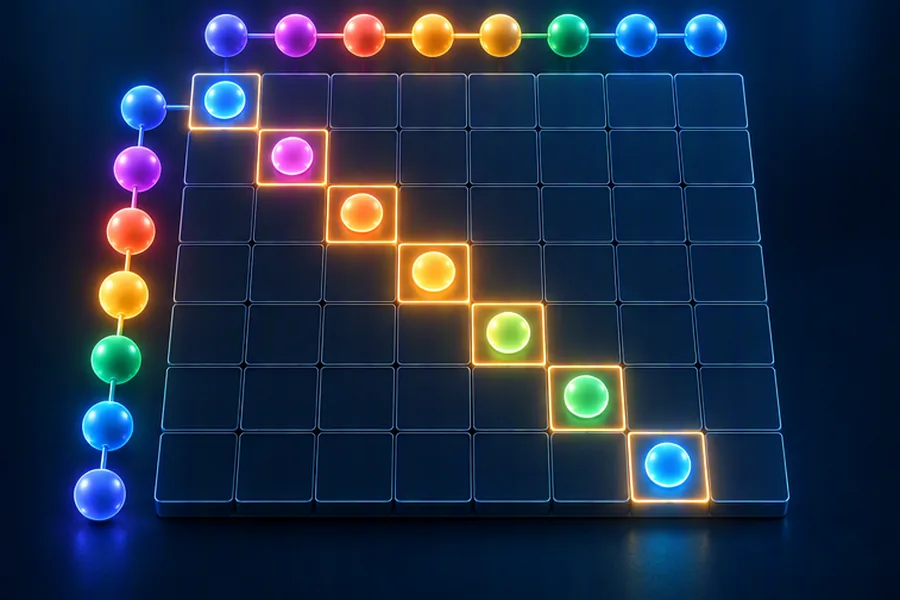 A DP table between two strings with a highlighted alignment path