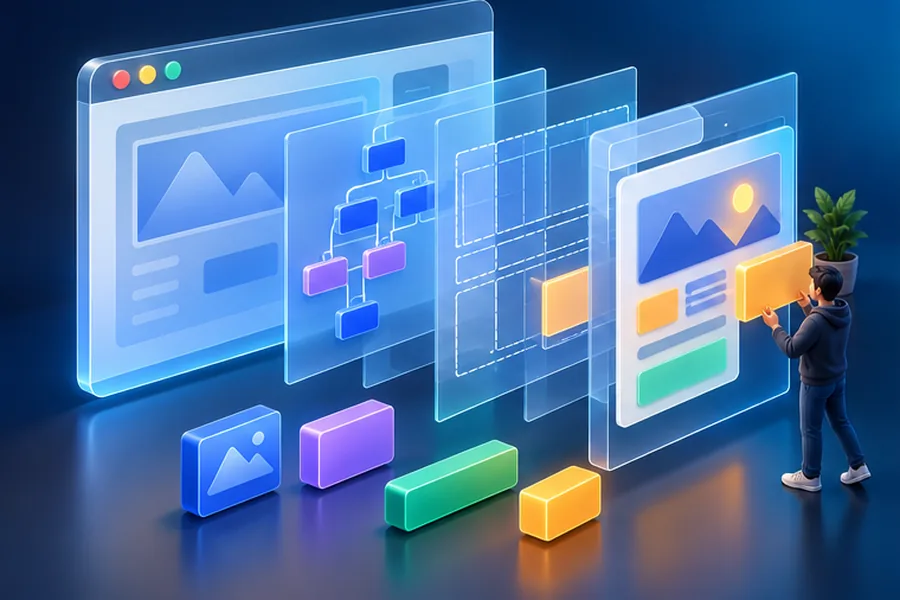 Exploded 3D view of a browser showing DOM tree, layout grid and UI components