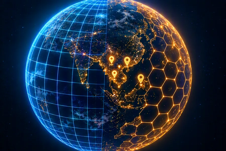Globe overlaid with subdividing square grid cells and hexagonal cells, with map pins clustered over a city