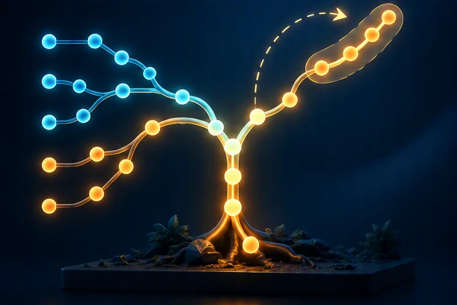 Illustration of a commit graph as a glowing tree with branches merging and being replayed