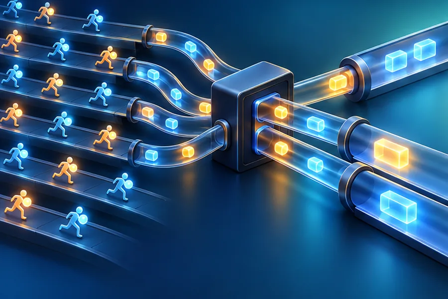 Illustration of many lightweight runners multiplexed onto a few lanes with pipes carrying capsules between them, representing goroutines and channels