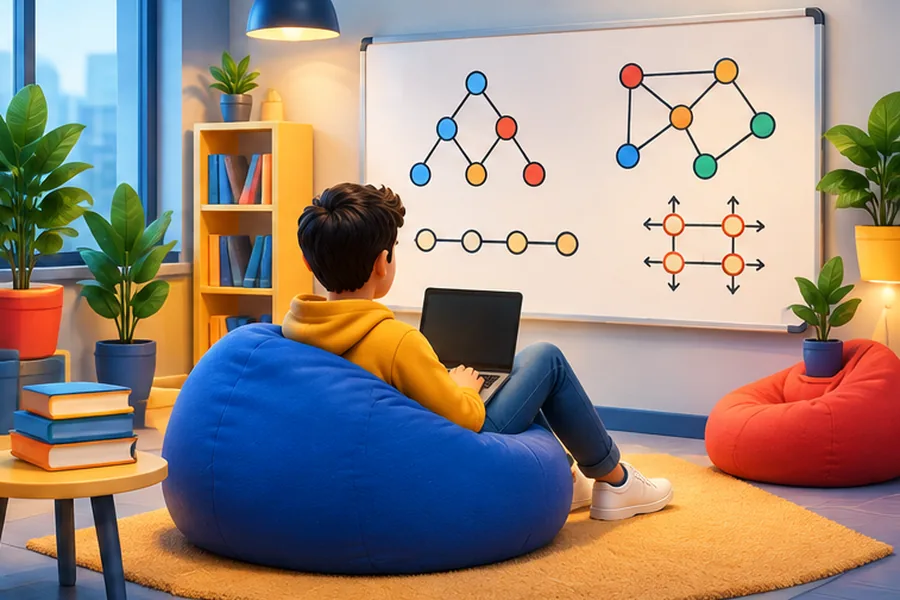 Student coding on a laptop in a playful modern office with graph diagrams on a whiteboard