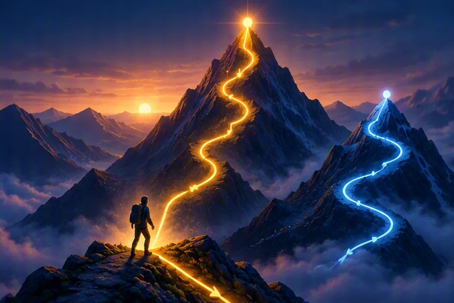 Illustration of a climber choosing paths step by step, contrasting the true summit with a local peak