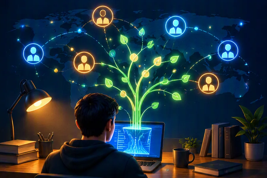 Student contributing to open source at night with a git commit tree growing from the laptop screen