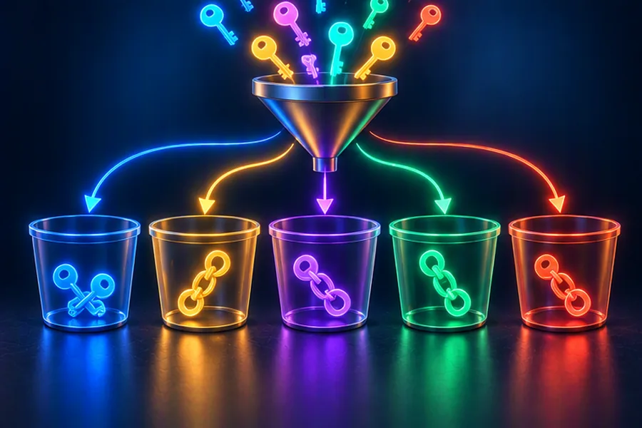 Keys flowing through a hash function into buckets, some forming chains from collisions