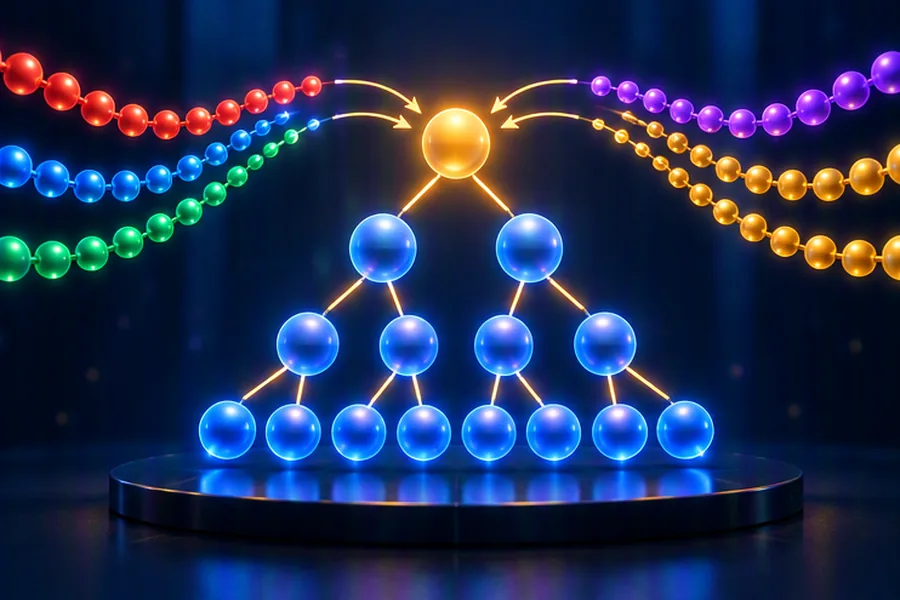Illustration of a heap shaped like a pyramid of glowing spheres merging several sorted streams