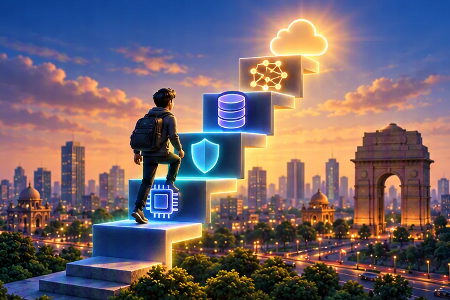 A ladder of technology icons rising above a city skyline, representing high-paying tech skills to learn