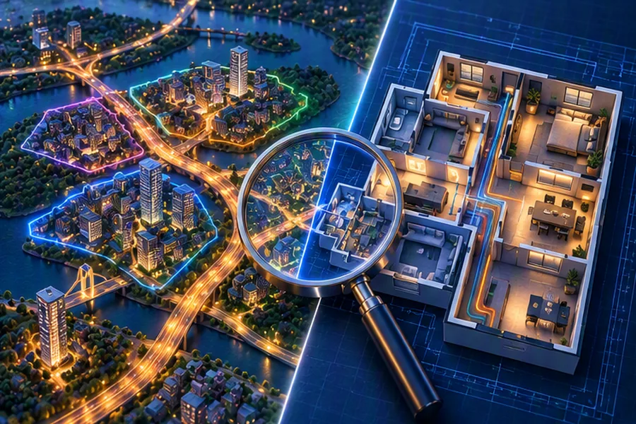 City map on one side and a detailed building blueprint on the other, representing high-level versus low-level design