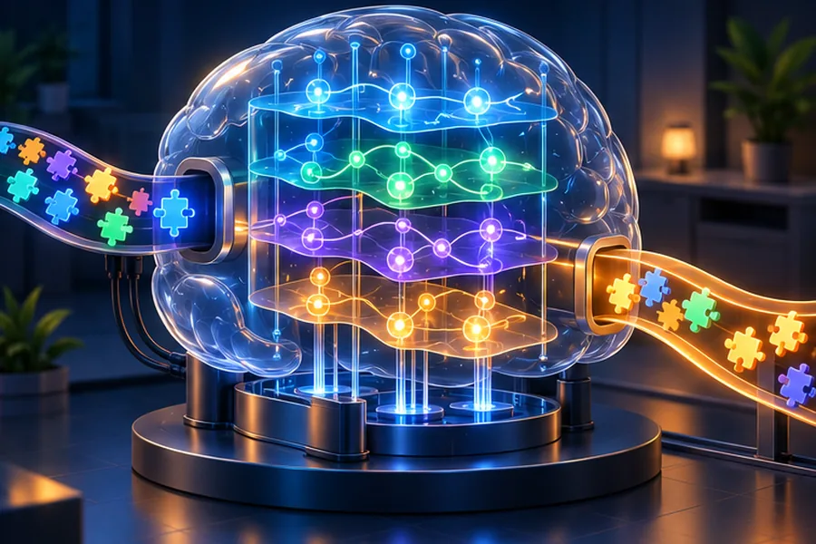 Illustration of tokens flowing through layered neural network machinery, representing how ChatGPT generates text