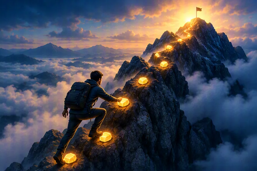 A climber following six glowing handholds up a cliff, representing a step-by-step method for coding problems