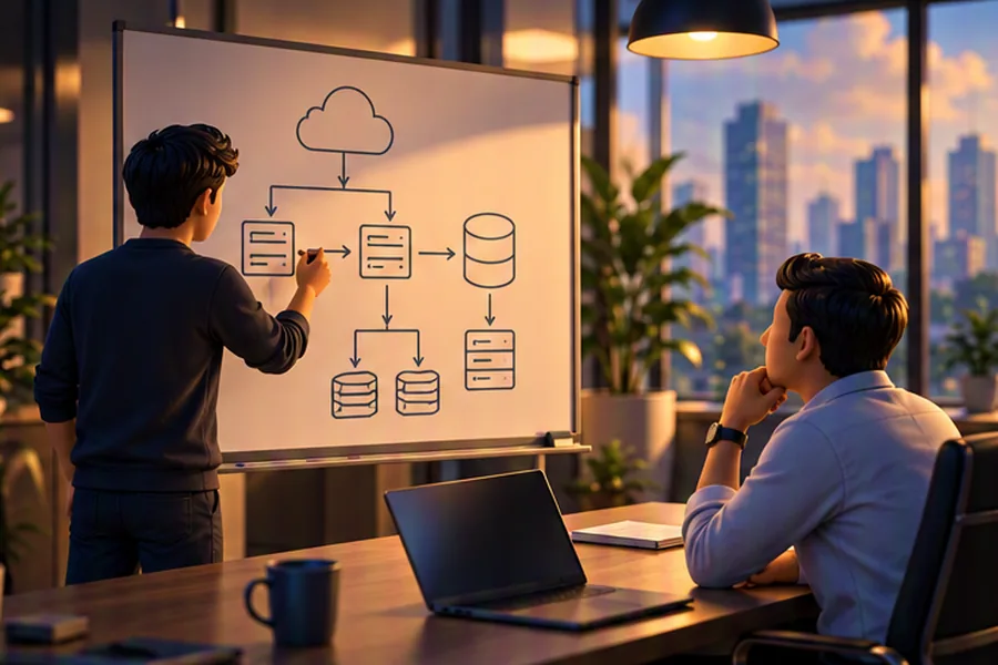 An engineer explaining a system architecture on a whiteboard to an interviewer during a project discussion