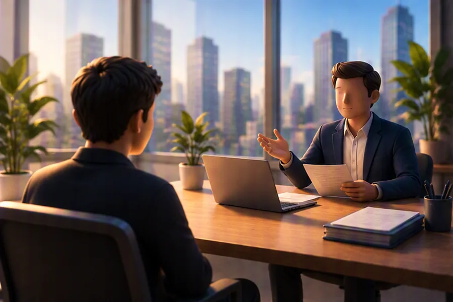 A fresher in an HR interview with a friendly interviewer in a bright office