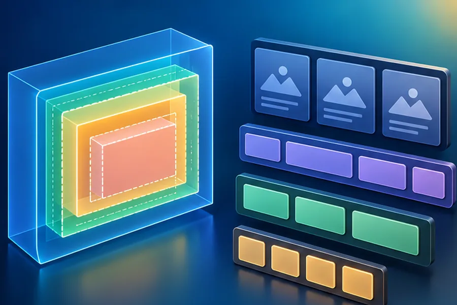Illustration of nested layered boxes beside a grid of cards and flexible rows, representing the CSS box model, grid and flexbox