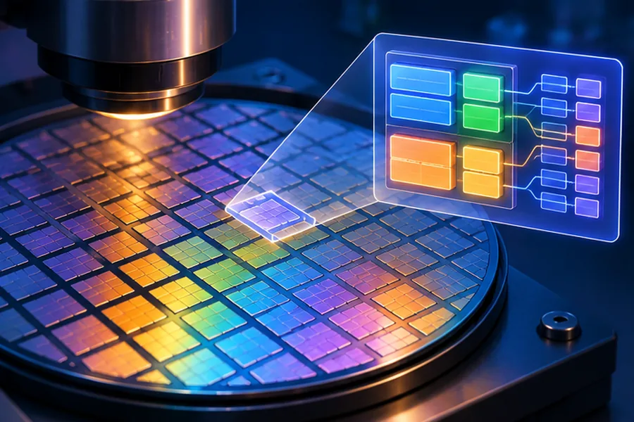 Illustration of a silicon wafer with an overlay of processor cache and pipeline structures