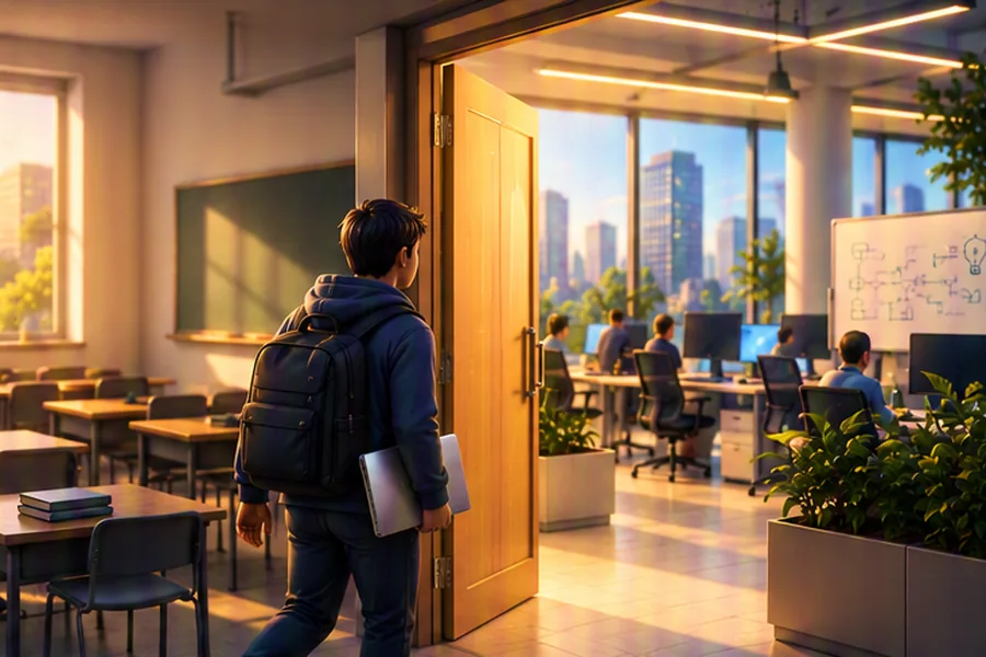 College student walking from a classroom into a modern software office for an internship