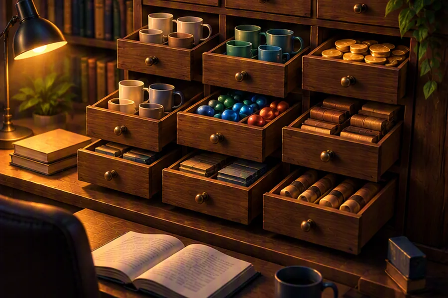 An open cabinet of drawers holding stacks, queues and sorted items, representing Java collections