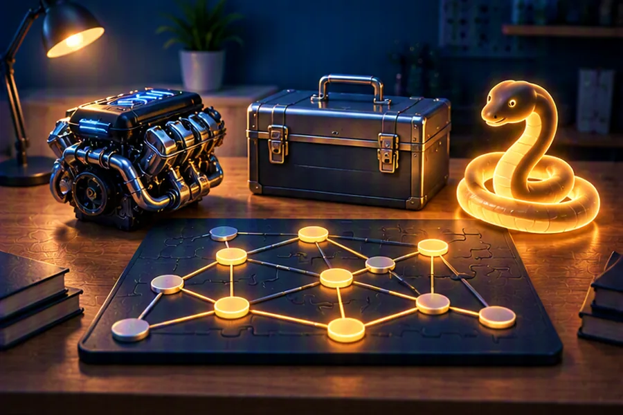Three tools representing C++, Java and Python in front of an algorithm puzzle board
