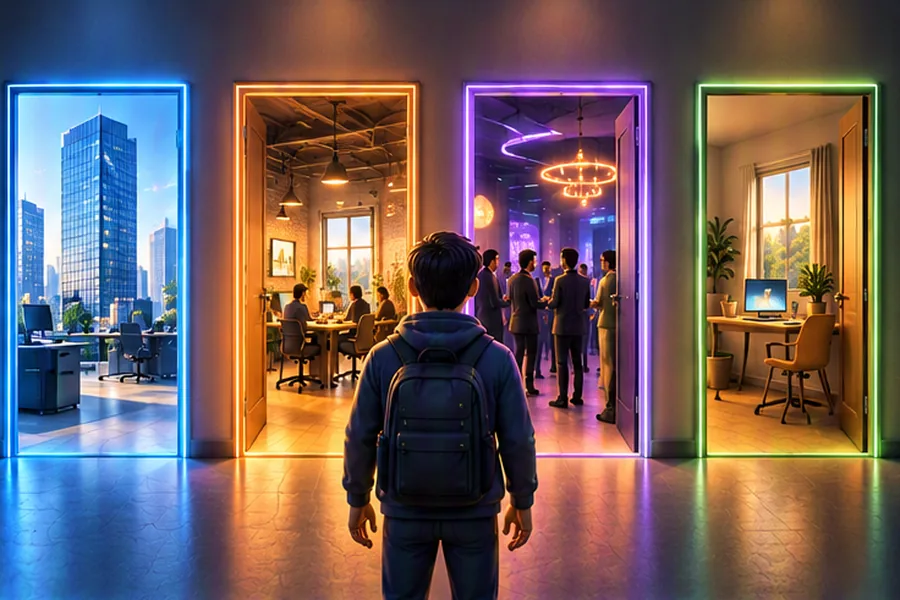 A developer standing before four doorways leading to different kinds of workplaces