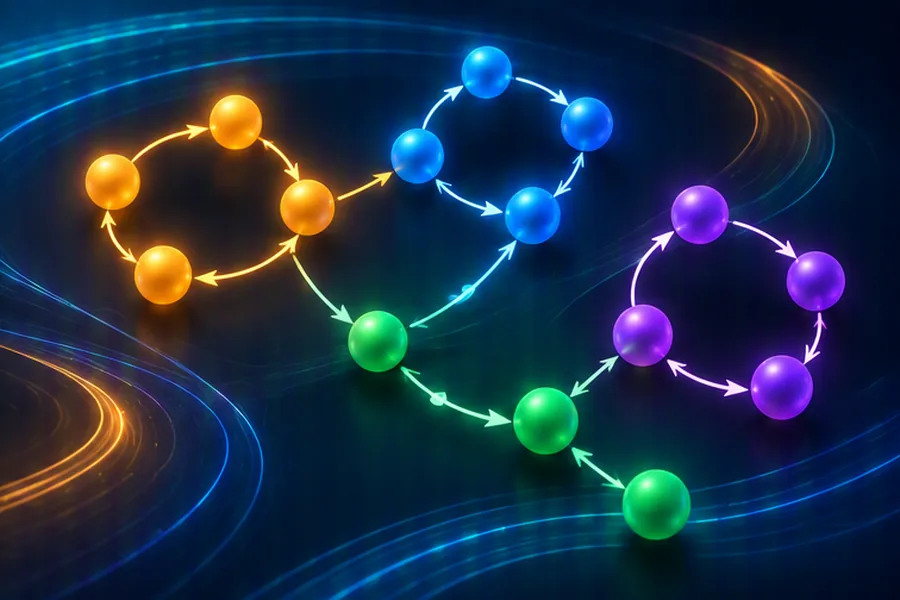 Illustration of a directed graph with cycles and functional programming light trails