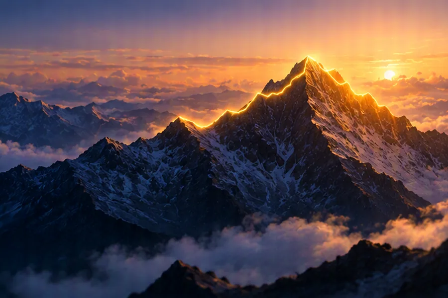 A mountain ridge with one continuous glowing segment, representing the maximum sum contiguous subarray