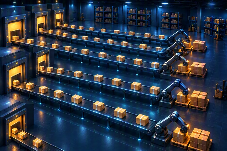 Parallel conveyor lanes of numbered parcels representing Kafka partitions, replicas and consumer groups