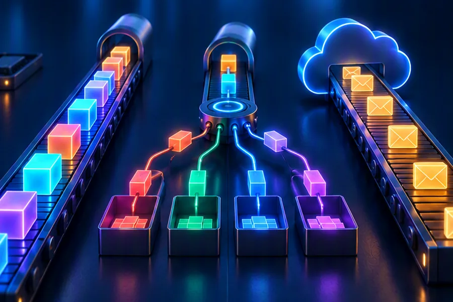 Illustration comparing a log-based stream, a routing broker and a managed cloud queue