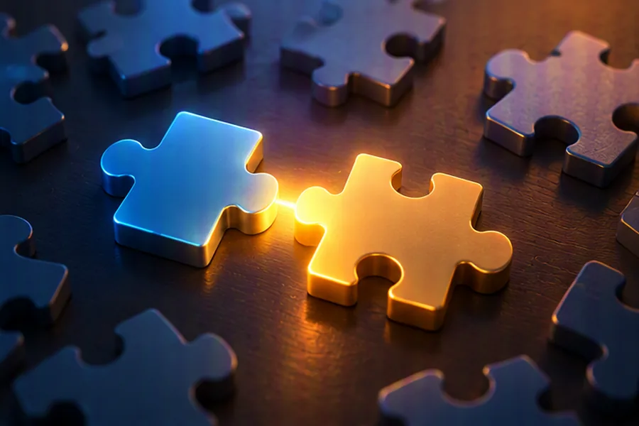 Two matching puzzle pieces finding each other among many, representing the Two Sum problem