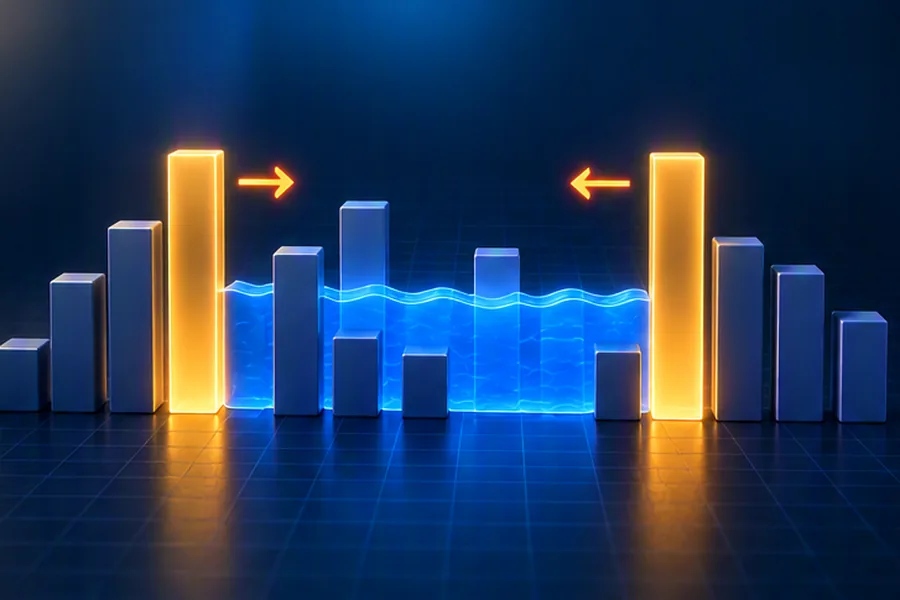 Vertical bars with water filling the rectangle between two highlighted lines and arrows moving inward