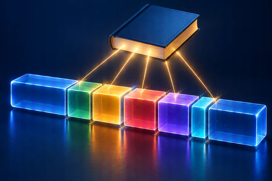 Illustration of a strip of letter blocks being split into word segments guided by a glowing dictionary