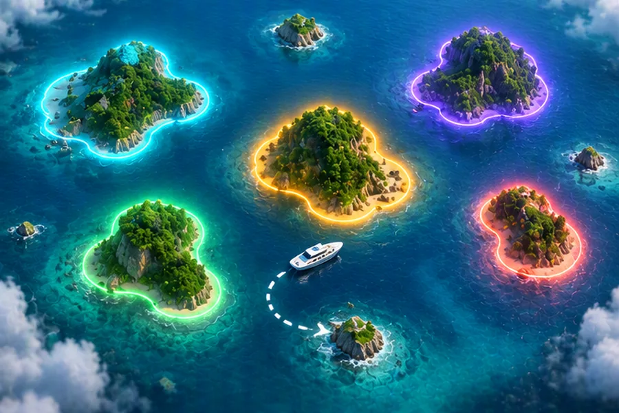 Top-down illustration of colorful islands in a sea, each highlighted as a separate connected component