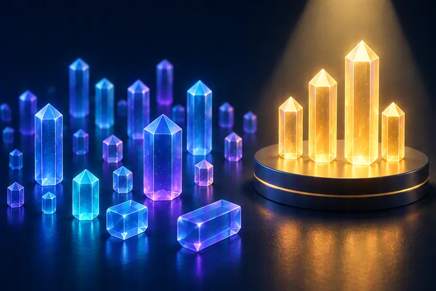 Illustration of numbered crystals with a spotlight picking out the top few tallest ones