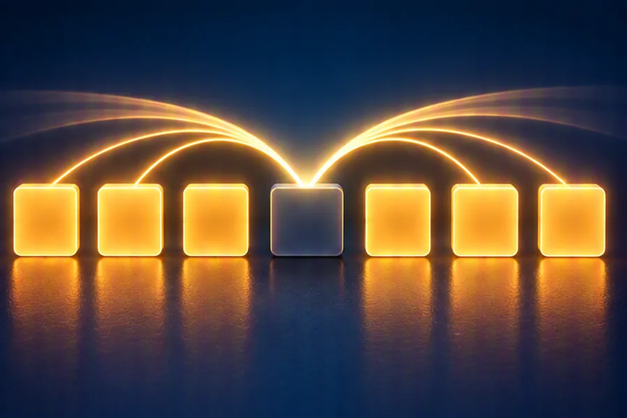 Illustration of light flowing from left and right tiles toward a dimmed center tile, representing prefix and suffix products