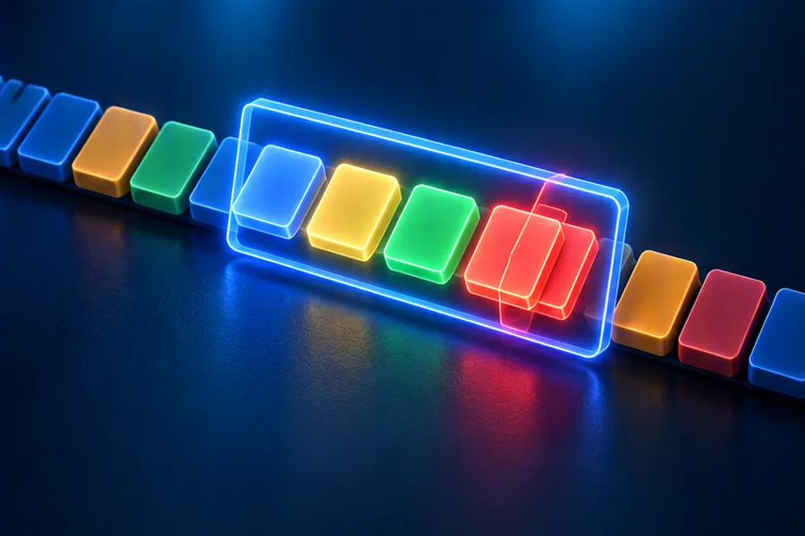 Illustration of a glowing sliding window frame moving across a ribbon of colored tiles and catching a duplicate