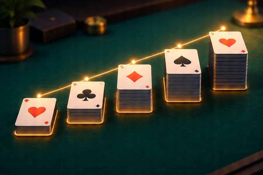 Illustration of cards dealt into patience sorting piles with a rising staircase line across the pile tops