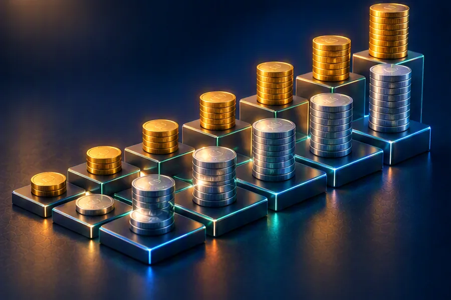 Illustration of coin stacks on a grid of tiles growing like a staircase, representing a dynamic programming table