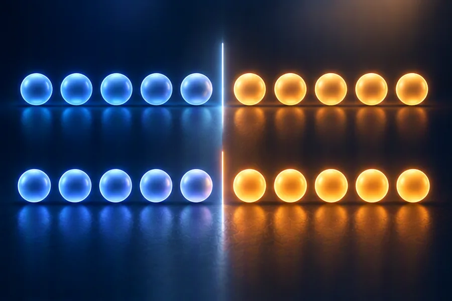 Illustration of two sorted rows of stones each split by a light beam into balanced left and right halves