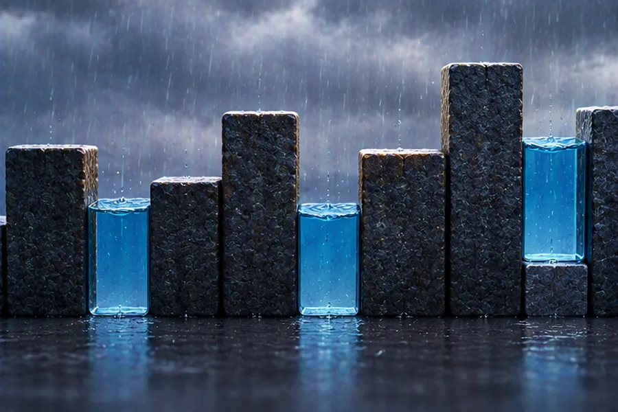 Stone pillars of varying heights with rainwater trapped between them, illustrating the Trapping Rain Water problem